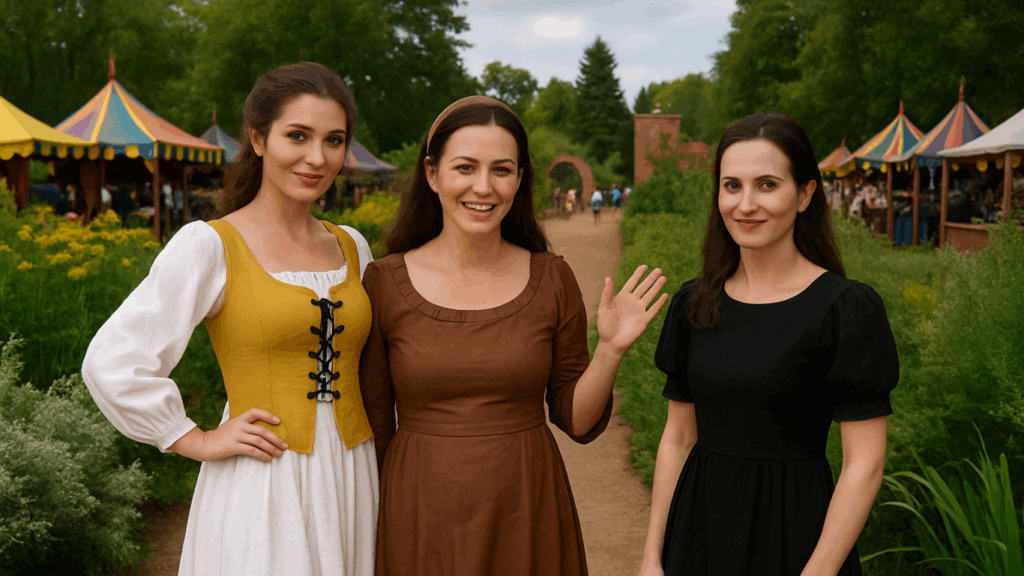 Three women in Renaissance faire outfits standing in a garden setting, wearing historical dresses including a peasant top, brown gown, and black gown