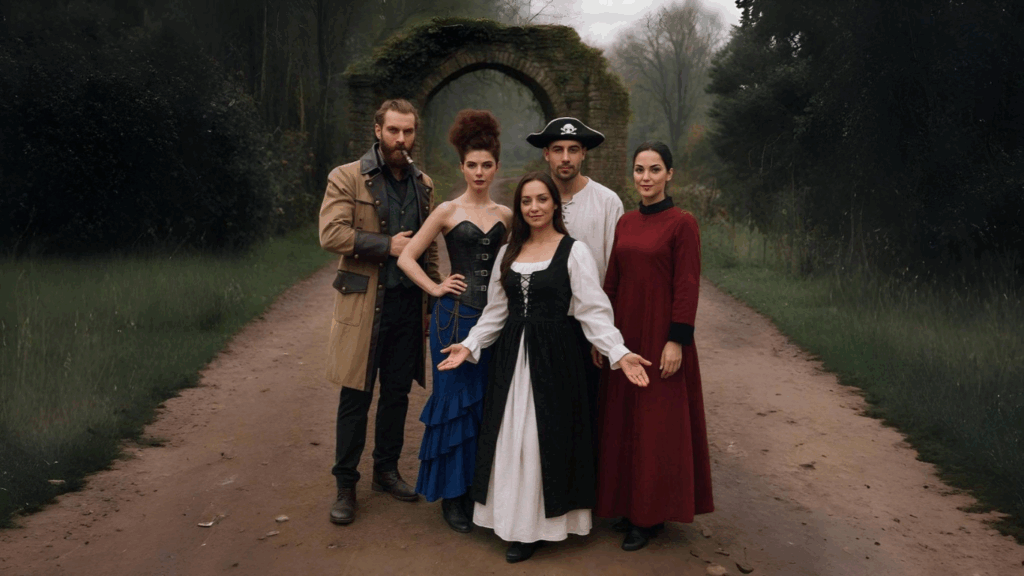 A group of five people in Renaissance and pirate-themed outfits standing on a forest path near a stone archway