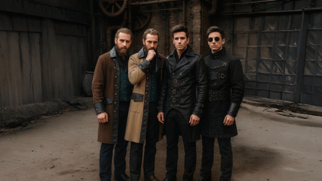 "Four men wearing steampunk trench coats in an industrial setting, showcasing gothic and Victorian fashion trends