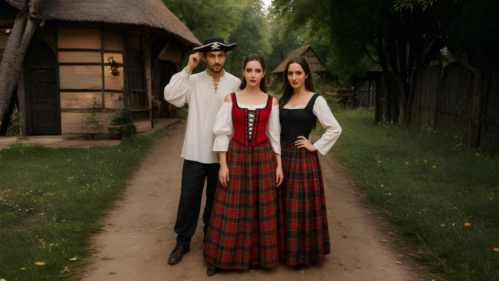 Man and two women wearing pirate and Renaissance fair outfits on a dirt path in a village
