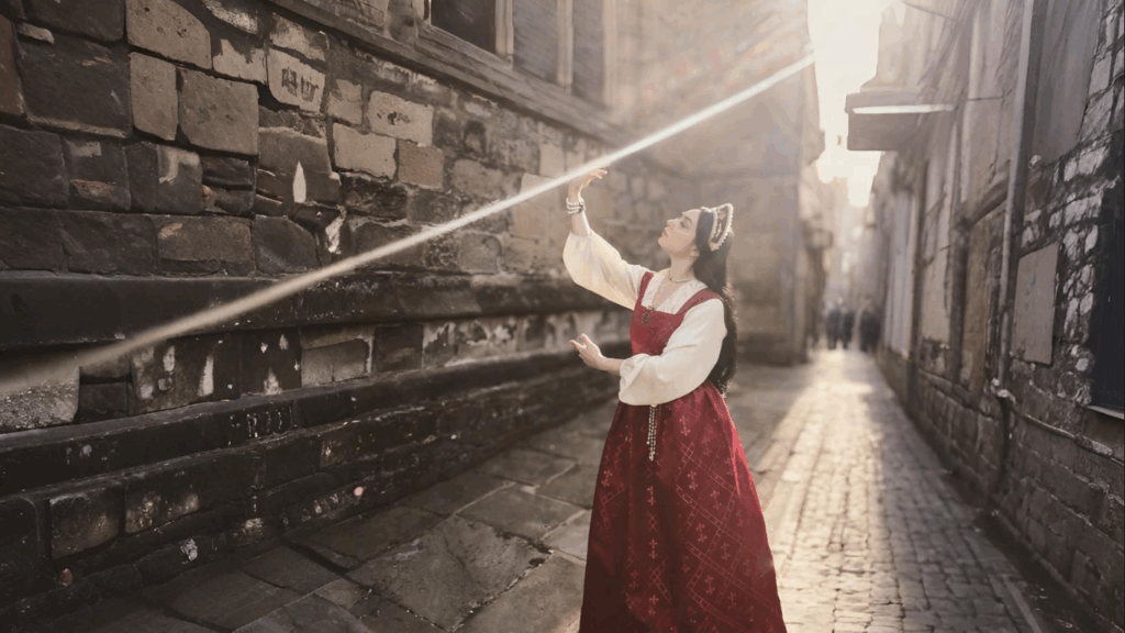 Woman in a royal red medieval gown standing gracefully in a sunlit alley, reaching toward a beam of sunlight, wearing a crown-like headpiece.
