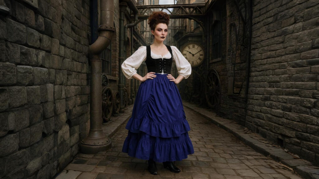 Woman wearing steampunk pirate costume with black corset and blue ruffled skirt, standing in a vintage Victorian alley with clock in background