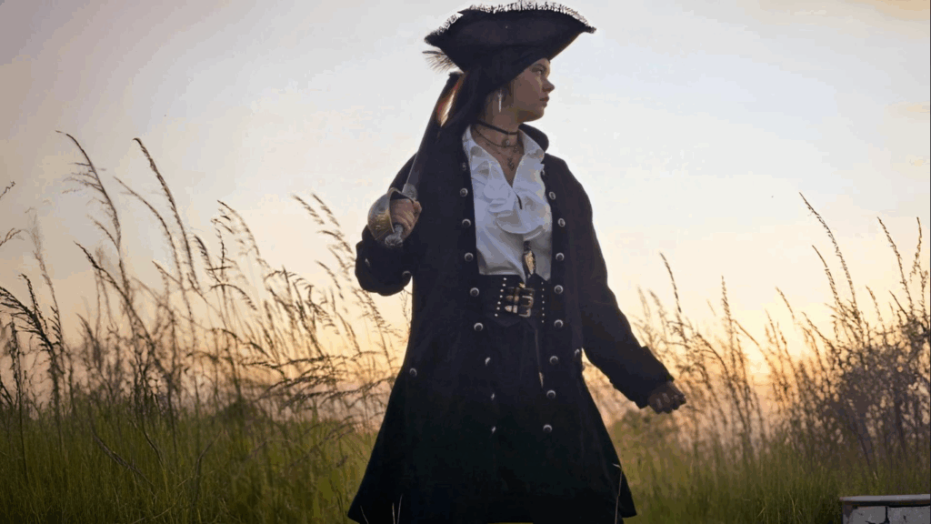 Woman dressed in full pirate outfit with sword and tricorn hat standing in tall grass during sunset