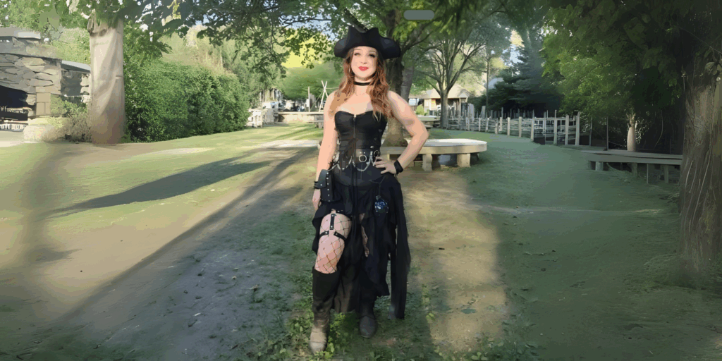 Woman wearing a gothic pirate outfit with corset and fishnet stockings in a lush garden setting