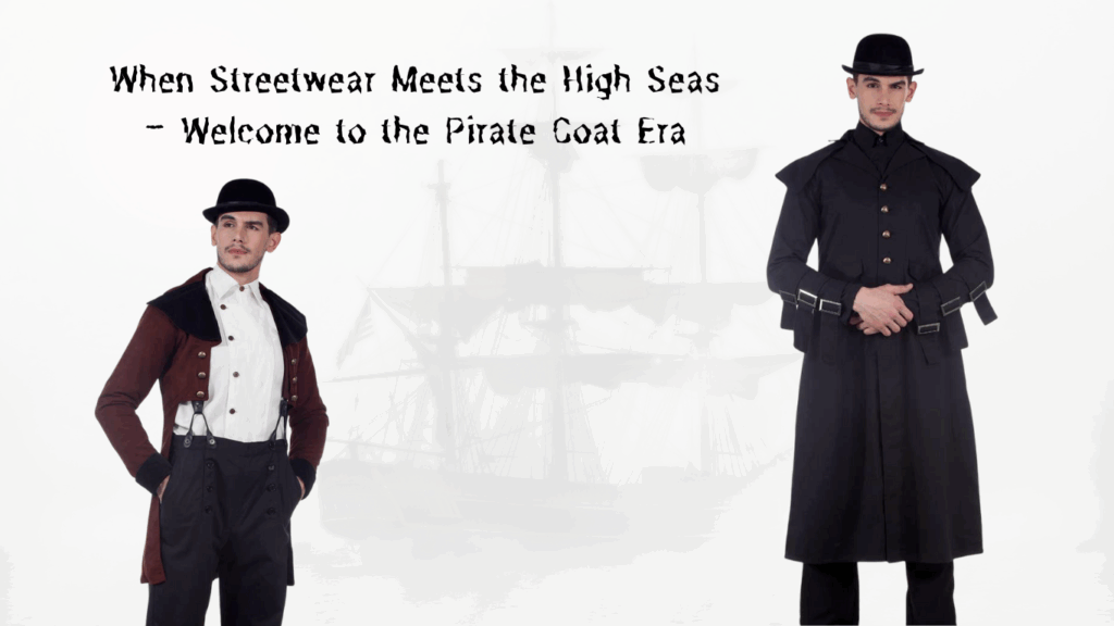 Two male models in pirate coats styled as streetwear, with a ghosted ship in the background and a bold tagline overlay.