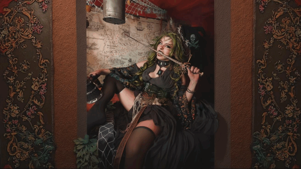 Female pirate in bold costume with green hair holding a sword in a dramatic pirate-themed cabin