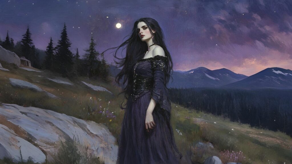 Mystical woman in a dark renaissance dress under moonlit sky in fantasy landscape