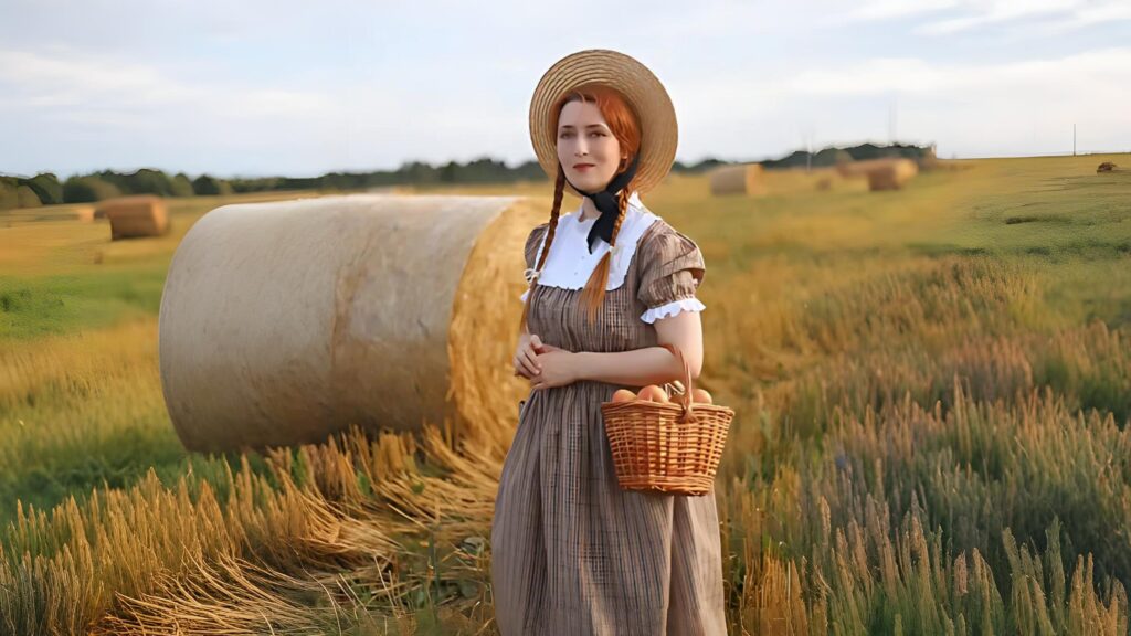 Woman in a cottagecore dress holding a basket in the countryside | The Pirate Dressing
