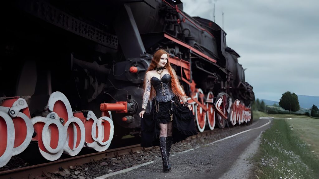 Woman in a black steampunk corset and gothic skirt walking by a vintage steam train – The Pirate Dressing