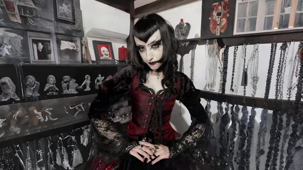 Gothic-inspired model wearing a deep red lace-up bodice with black lace sleeves, styled with dramatic makeup and silver accessories