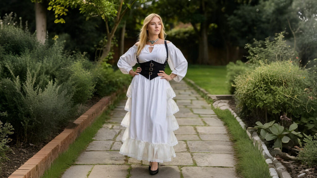 A woman wearing a white medieval-style dress with ruffled layers and a black corset belt, standing on a garden pathway.
