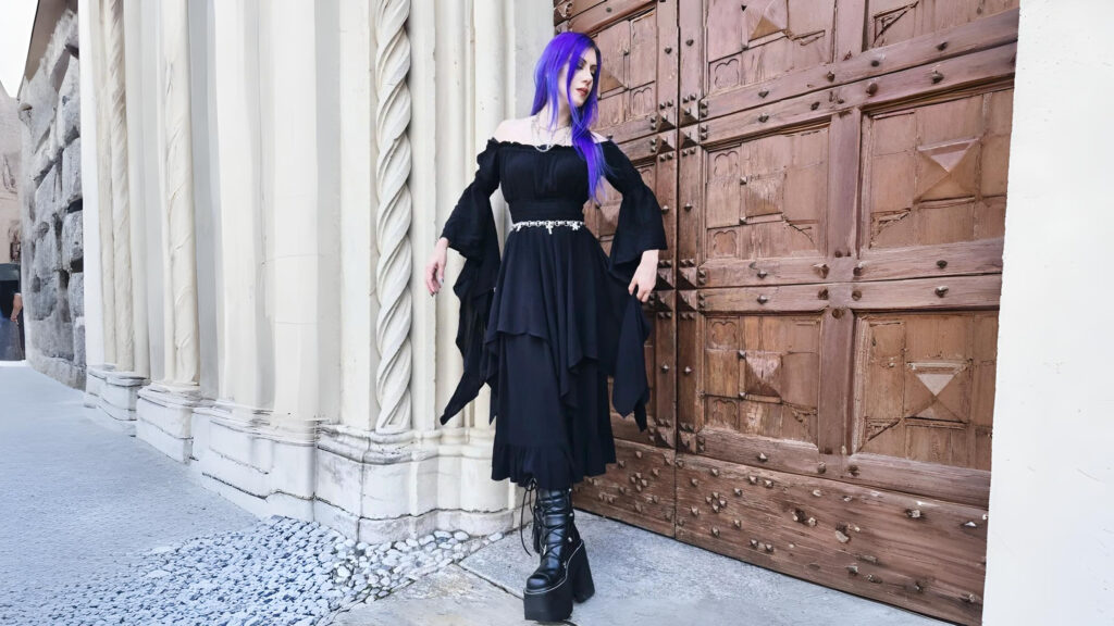 Medieval black off-shoulder dress with flowing sleeves by The Pirate Dressing