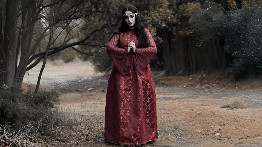 Woman wearing a red medieval gown with bell sleeves and ornate patterns, standing in a forest setting.