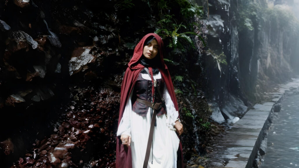 Woman wearing a medieval pirate-inspired outfit with a red hooded cloak, corset vest, and white renaissance dress standing beside a forest waterfall pathway.