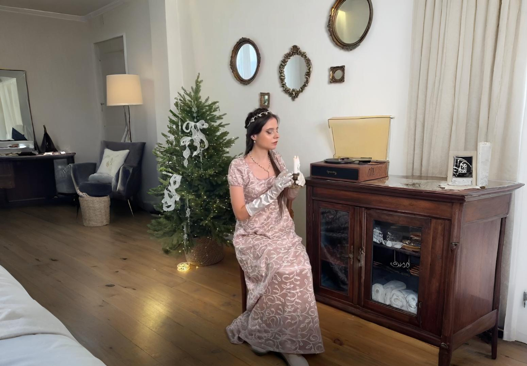 Daphne High Waistline Tea Dress in Peach with Embroidered Net