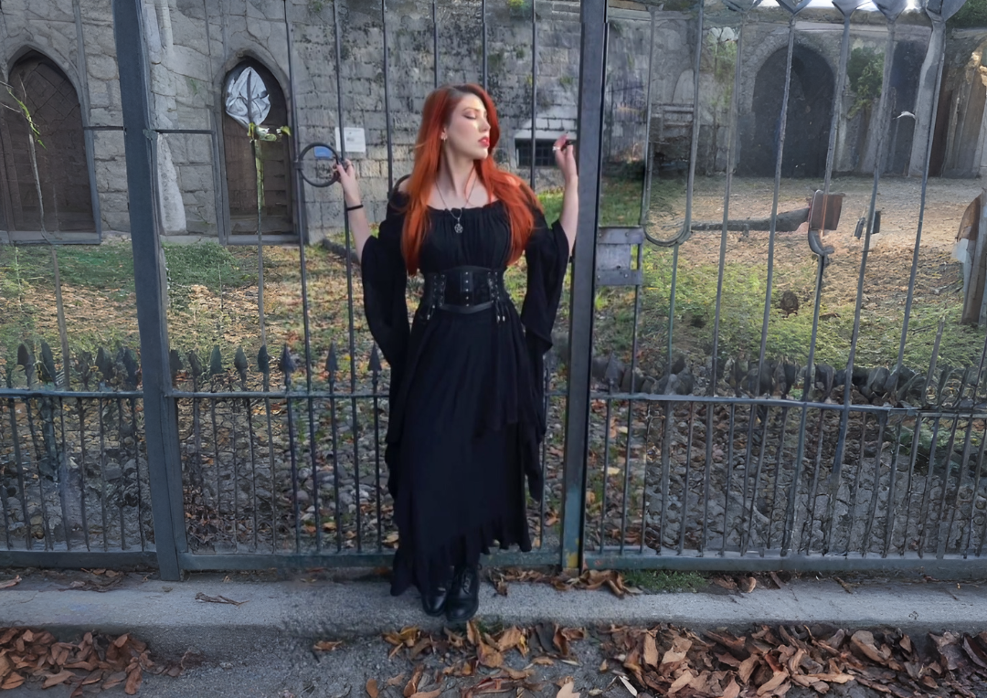 Women Medieval Crepe Dress Black Hanging Sleeves Asymmetrical Hem