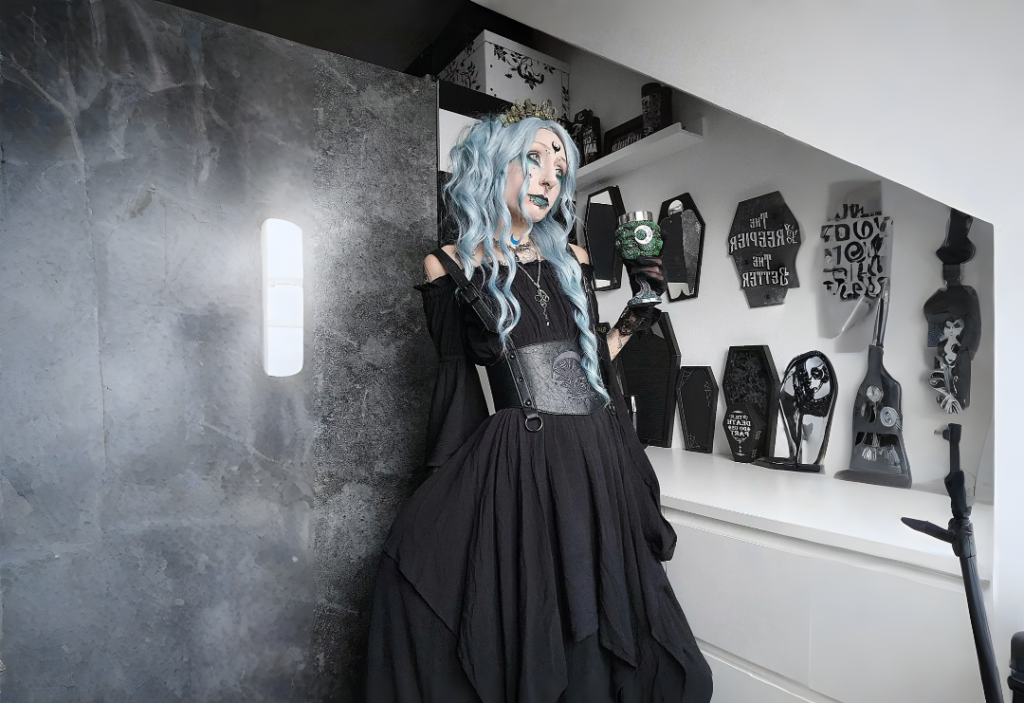 Women’s Medieval Crepe Dress – Black dark fairy gothic style with flowy sleeves