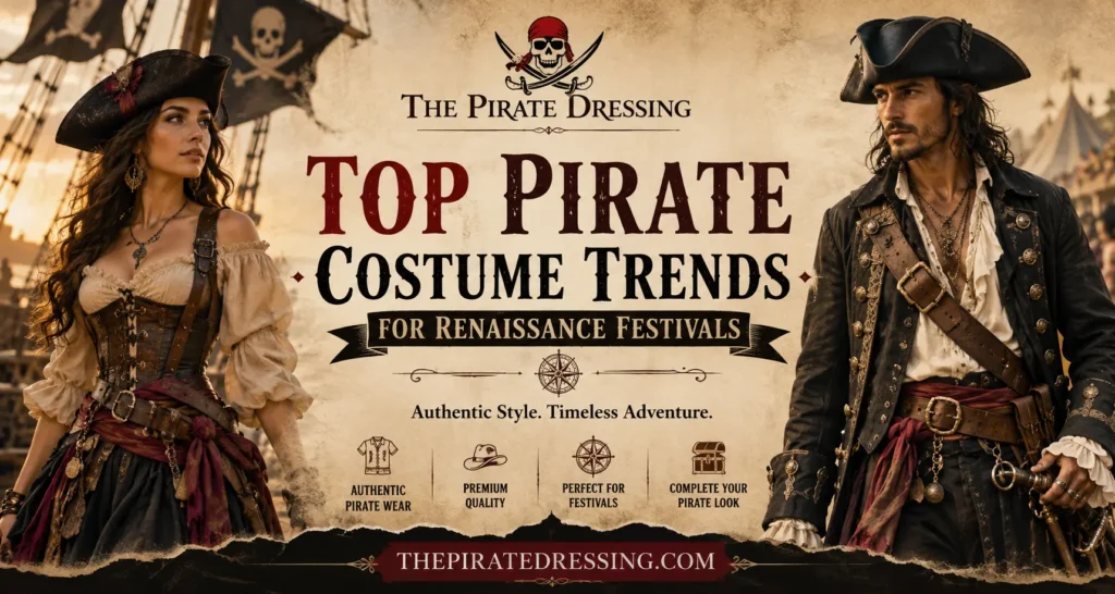 Top Pirate Costume Trends for Renaissance Festivals featuring authentic pirate costumes, captain coats, pirate shirts, and Renaissance festival outfits.