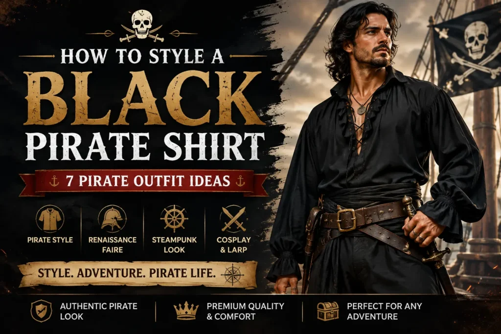 Man wearing a black pirate shirt with pirate outfit and accessories