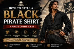 Man wearing a black pirate shirt with pirate outfit and accessories