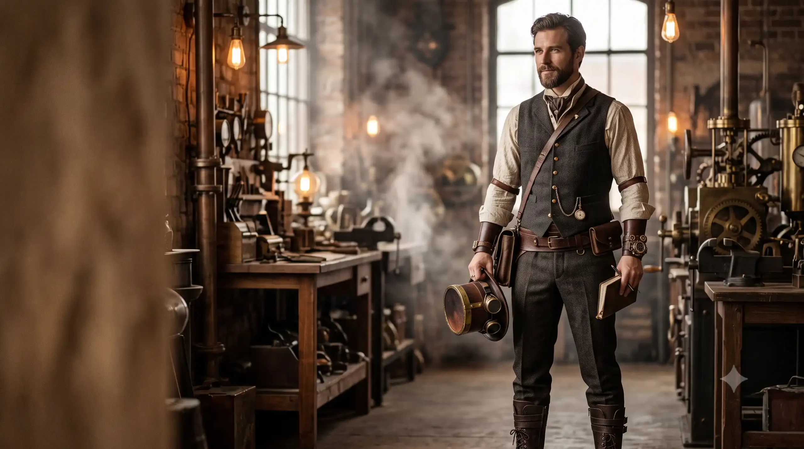 Steampunk outfits for men with Victorian shirts, waistcoats, trousers and accessories