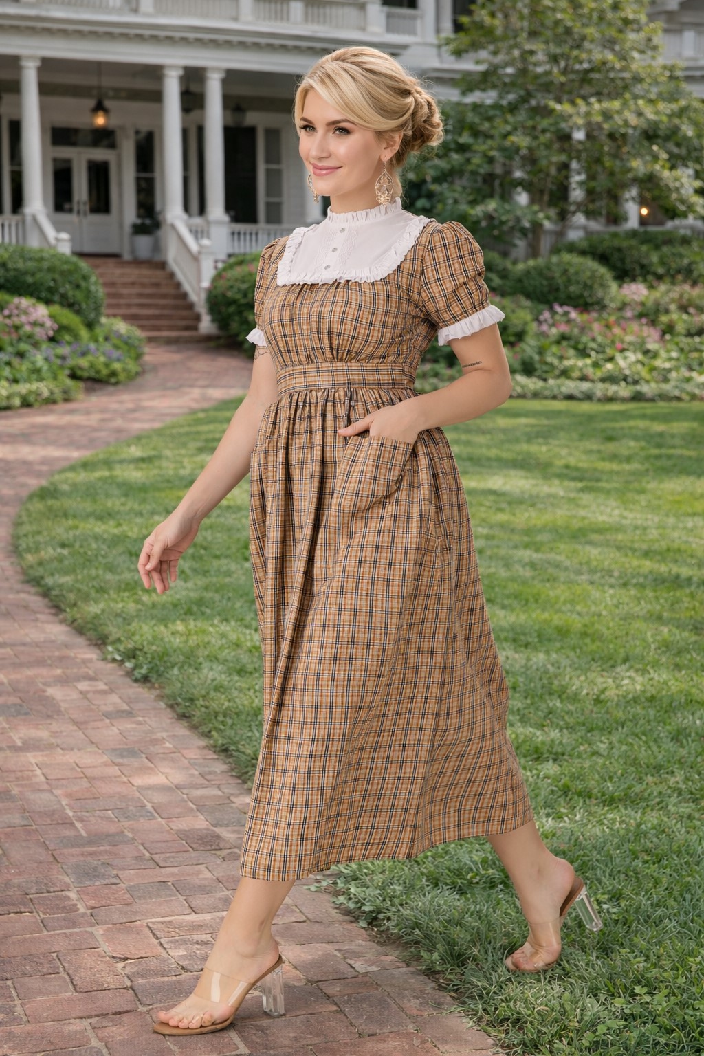 (image for) Lace Collar Plaid Cottagecore Dress