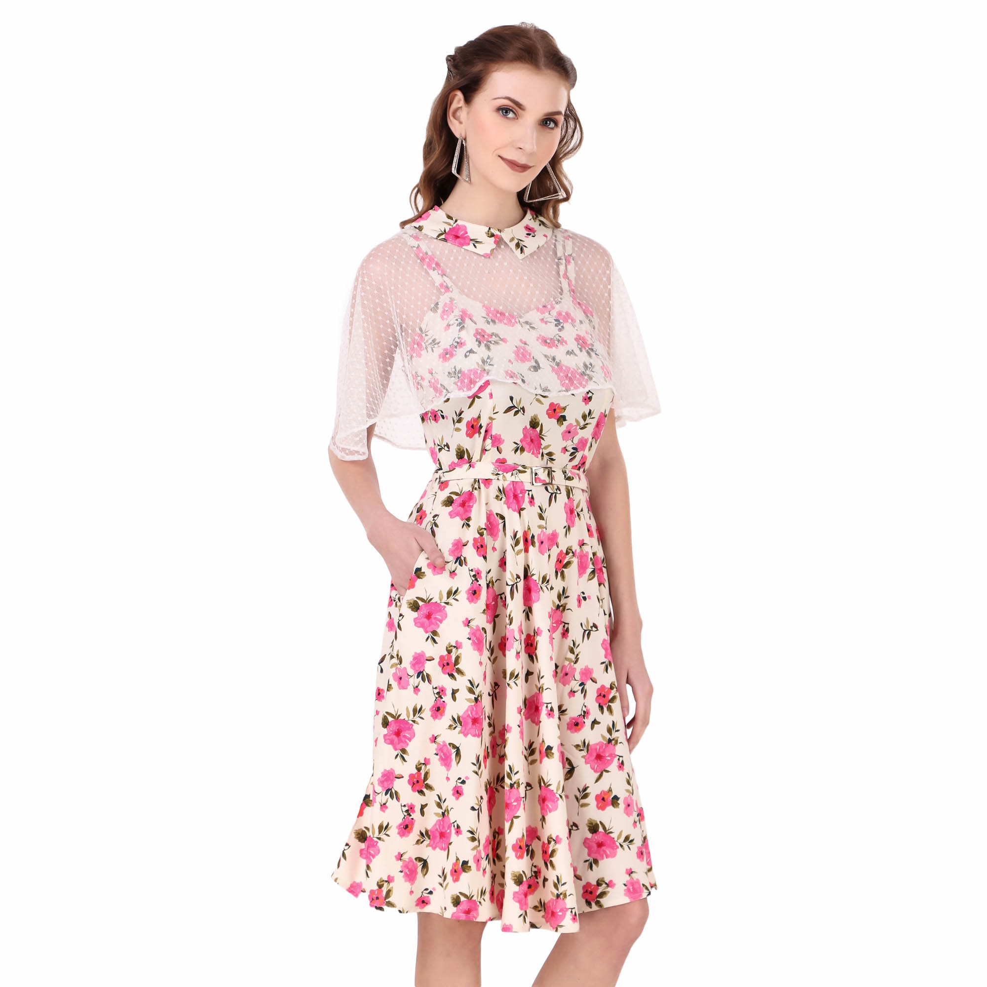 (image for) Women's 1950s Retro Pinup Swing Dress with Detachable Cape, Belt