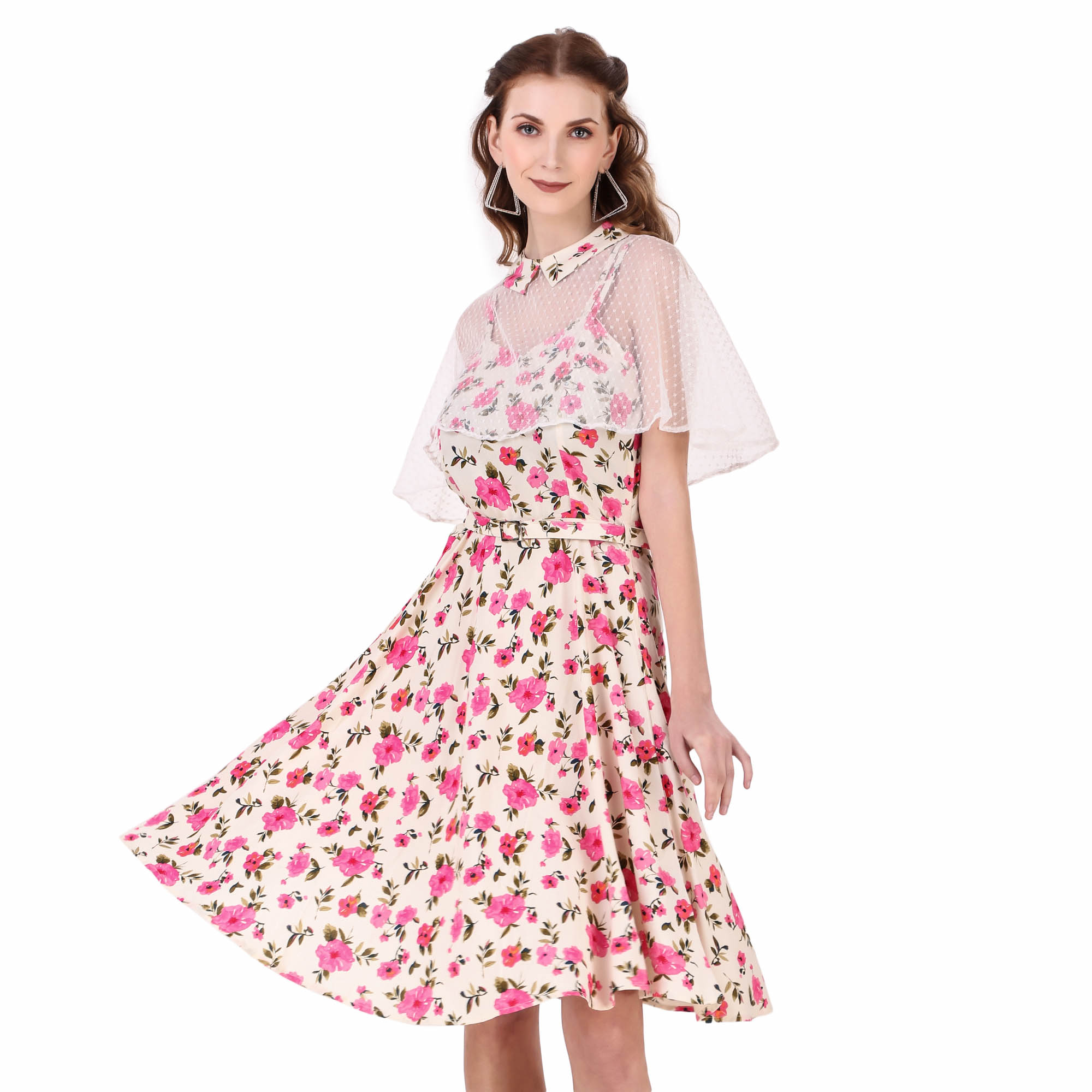 (image for) Women's 1950s Retro Pinup Swing Dress with Detachable Cape, Belt